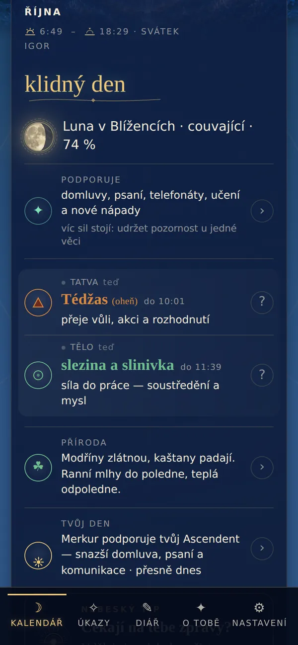 Karta Dnes: klidný den, Luna v&nbsp;Blížencích, co dnes podporuje, tatva a&nbsp;orgánové hodiny