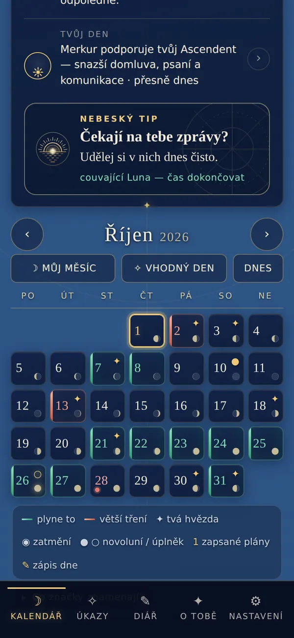 Měsíční kalendář s&nbsp;barevně označenými dny a&nbsp;fázemi Luny