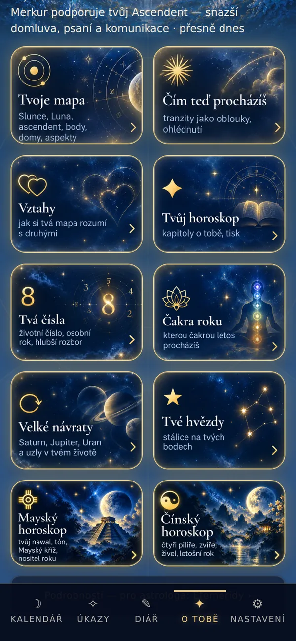 O tobě: dlaždice Tvoje mapa, Čím teď procházíš, Vztahy, Tvůj horoskop, Tvá čísla, Čakra roku a&nbsp;další