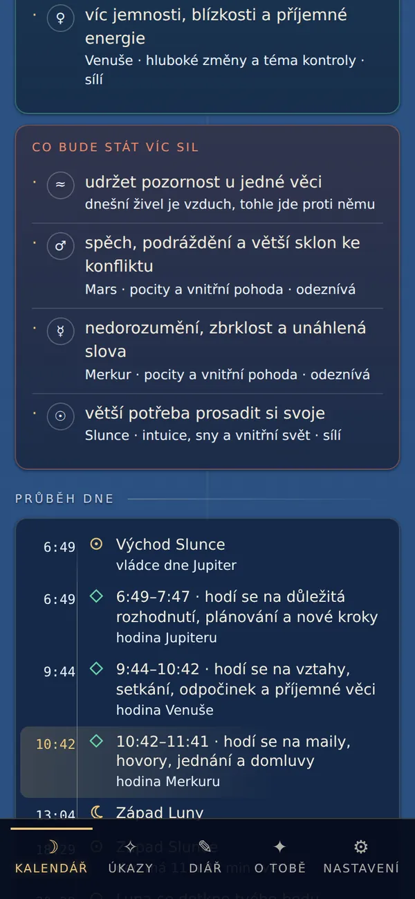 Průběh dne: východ Slunce, planetární hodiny a&nbsp;západ Luny